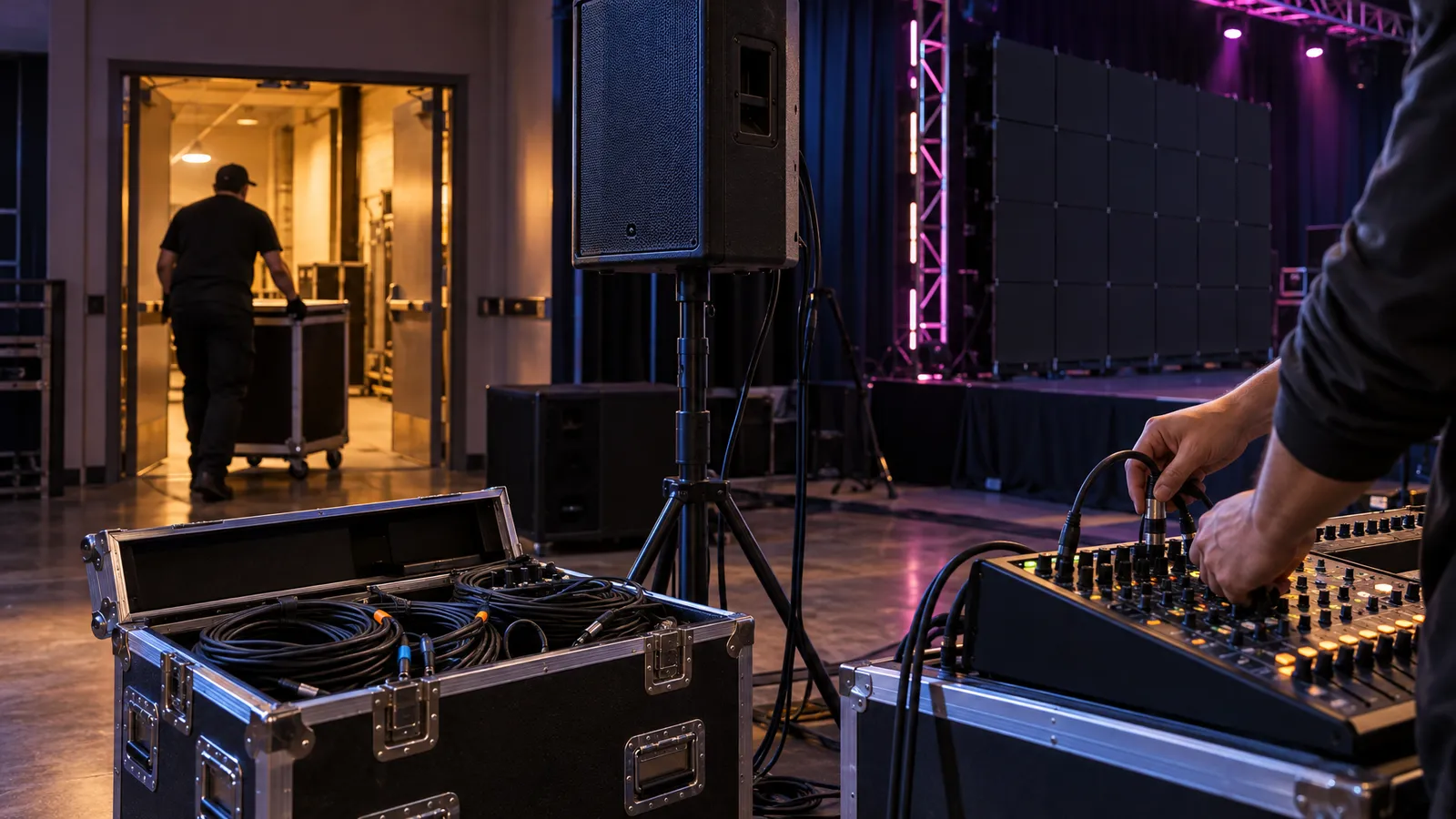 AV equipment cases, a speaker, and a mixing console are being delivered and set up inside an event venue.