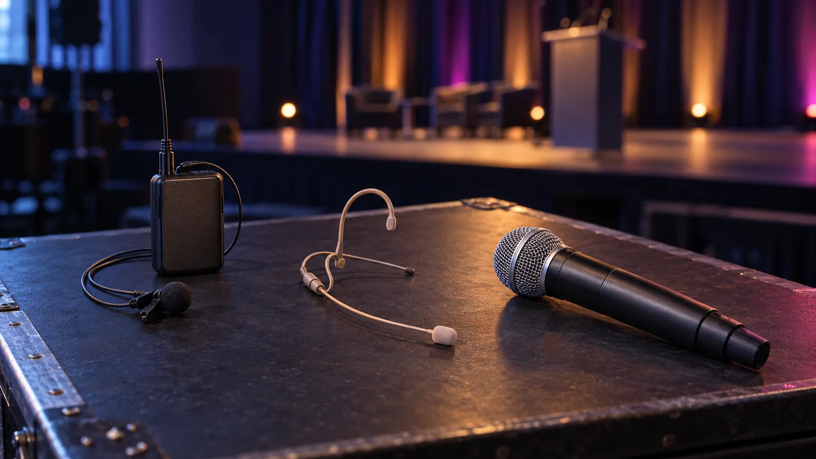 Lavalier, headset and handheld wireless microphones arranged on a dark table beside a softly lit event stage.