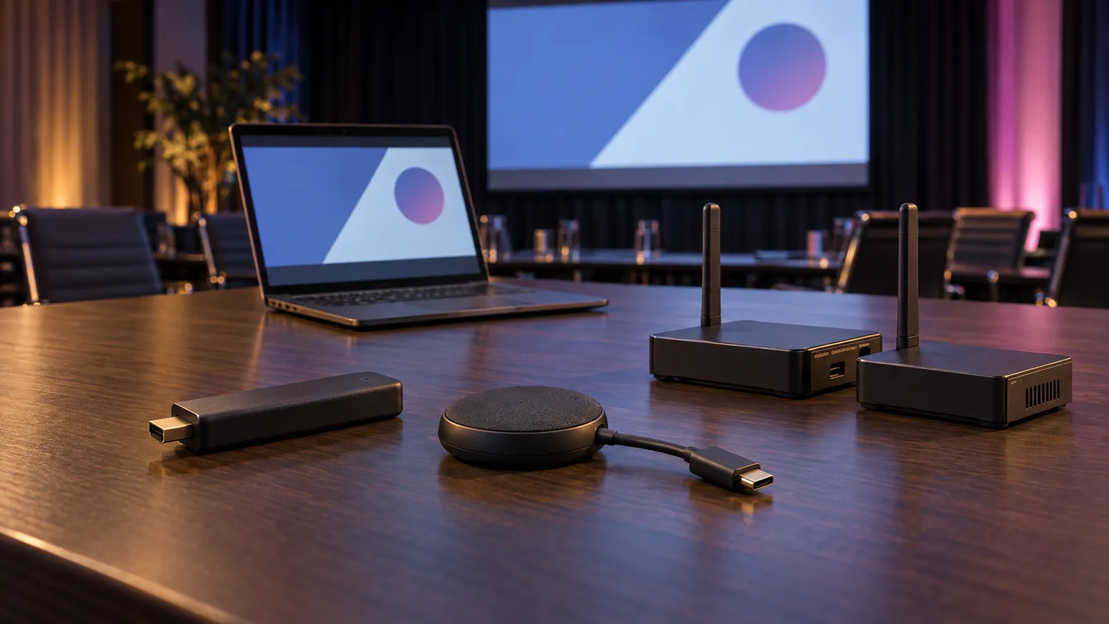 A wireless presentation dongle, sharing puck, and professional transmitter-receiver pair sit beside a laptop in a dramatically lit conference room.