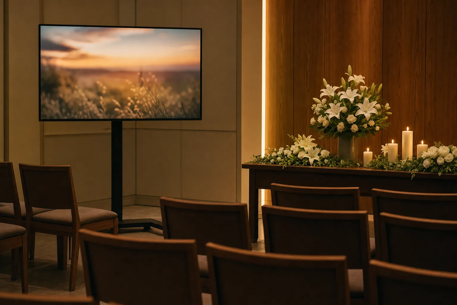 Illustration: a large screen on a floor stand showing a soft landscape photo beside a table of white flowers and candles in a quiet chapel with rows of empty chairs