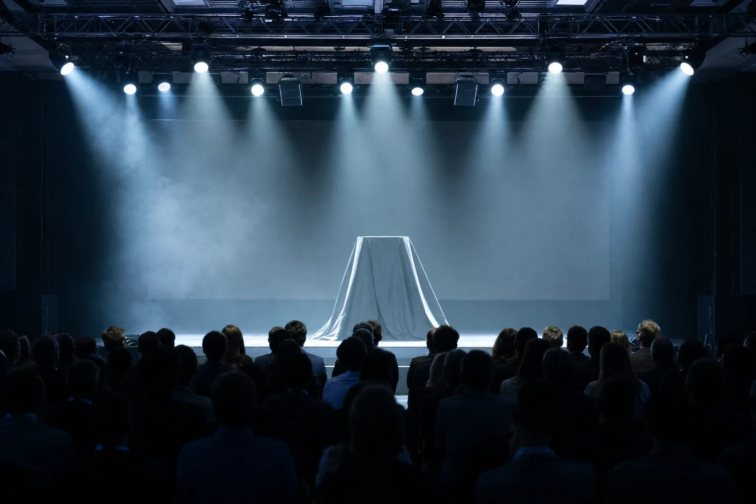 Audience silhouettes facing a dark stage with a large screen and overhead beam lighting.
