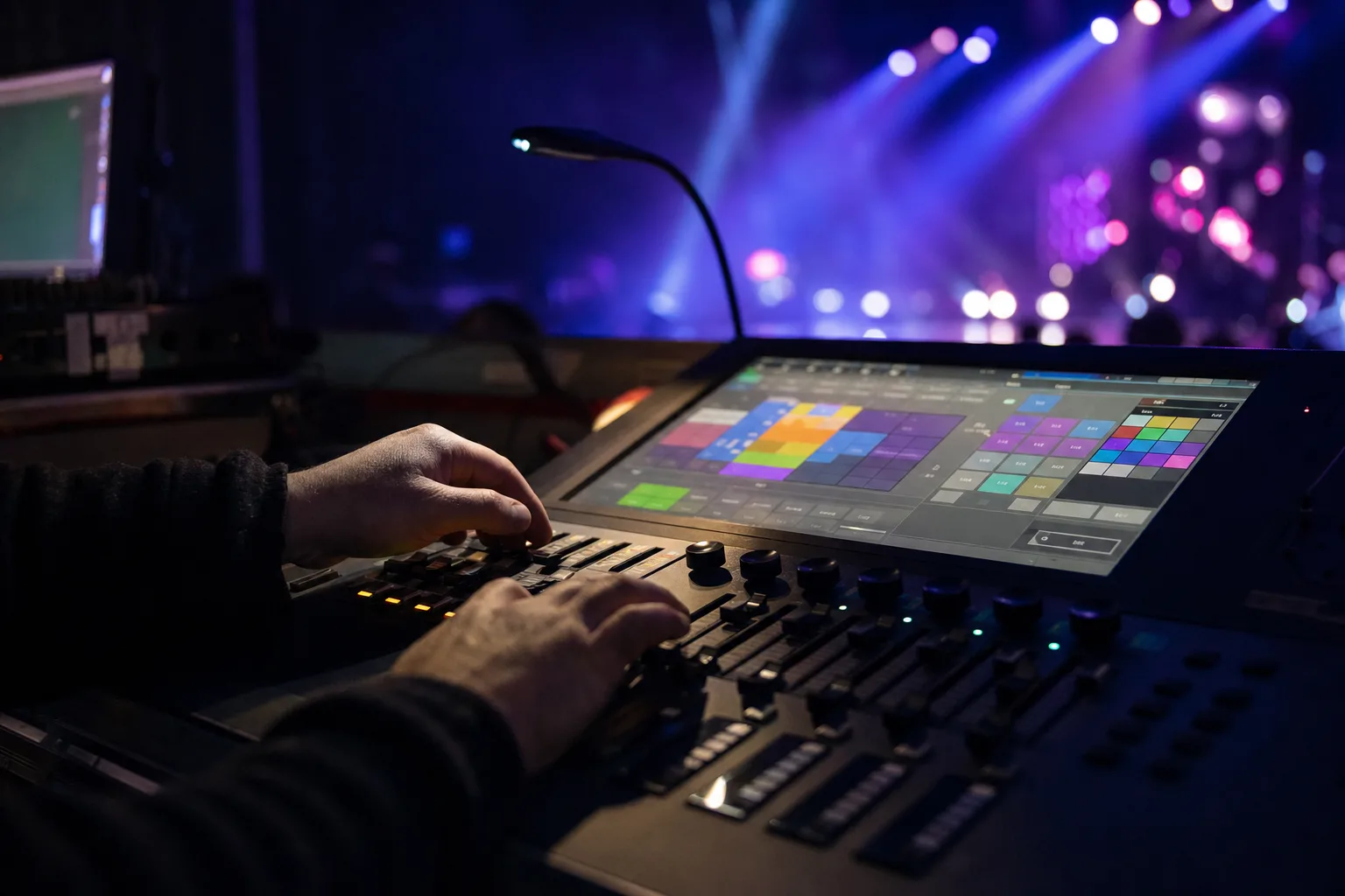 A lighting operator's hands on the faders of a generic lighting control desk with a touch screen, stage lights glowing in the background