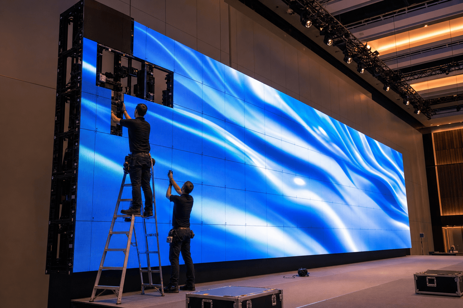 Technicians assembling a modular LED video wall at a conference venue