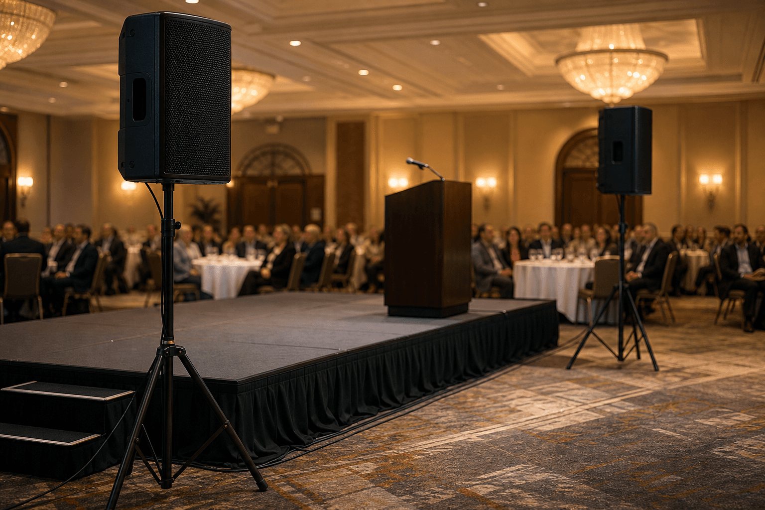 Two speakers on tripod stands beside a stage with a lectern in a hotel ballroom, with guests seated at round tables