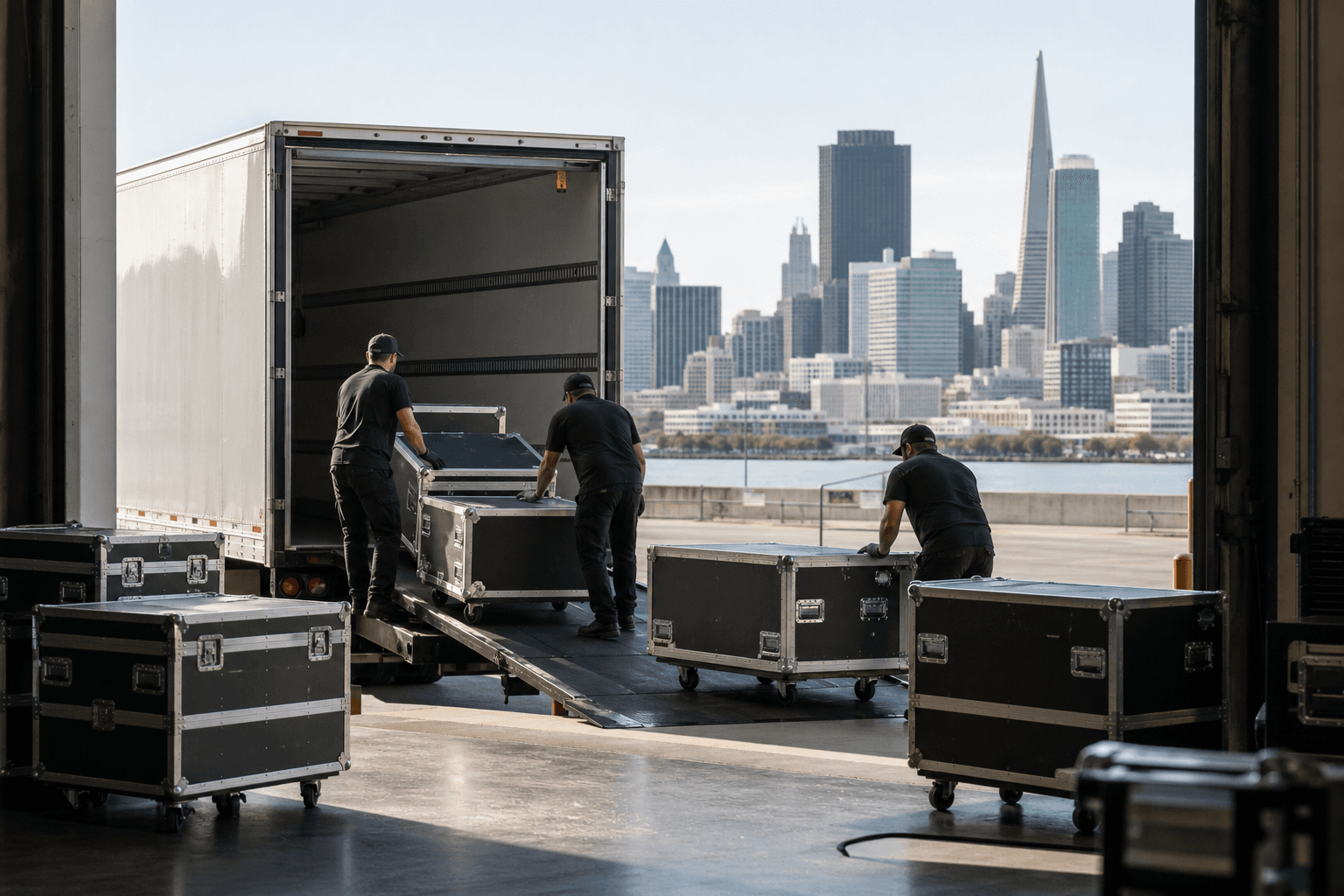 AV equipment freight delivery at a corporate event venue