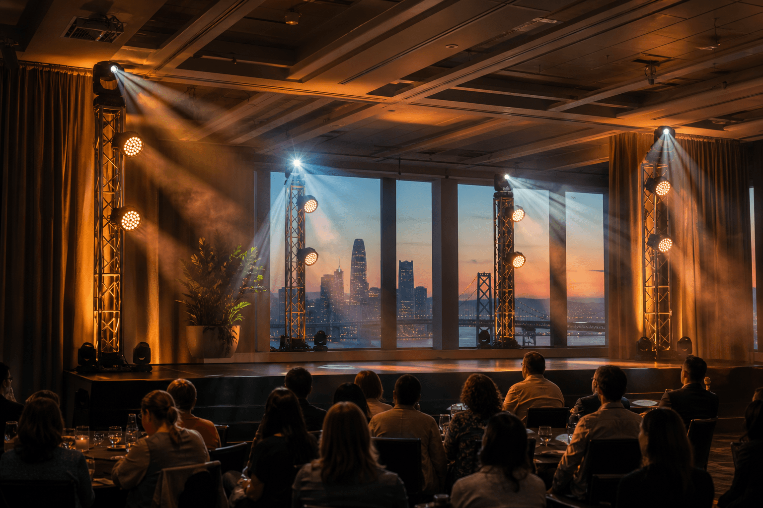 Illustration of a stage lit with colored wash lights and moving head fixtures