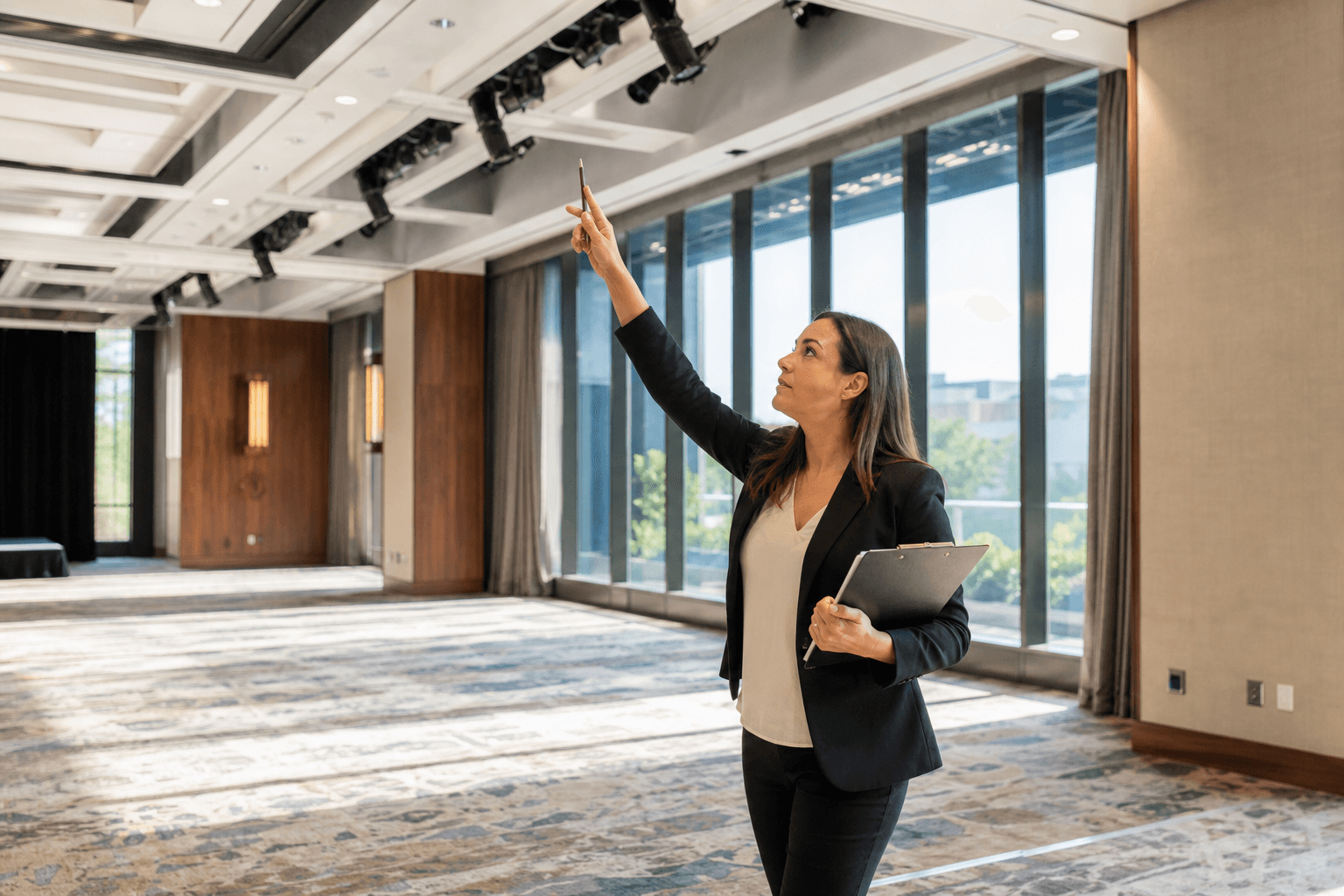 Event planner conducting venue walkthrough for AV equipment planning