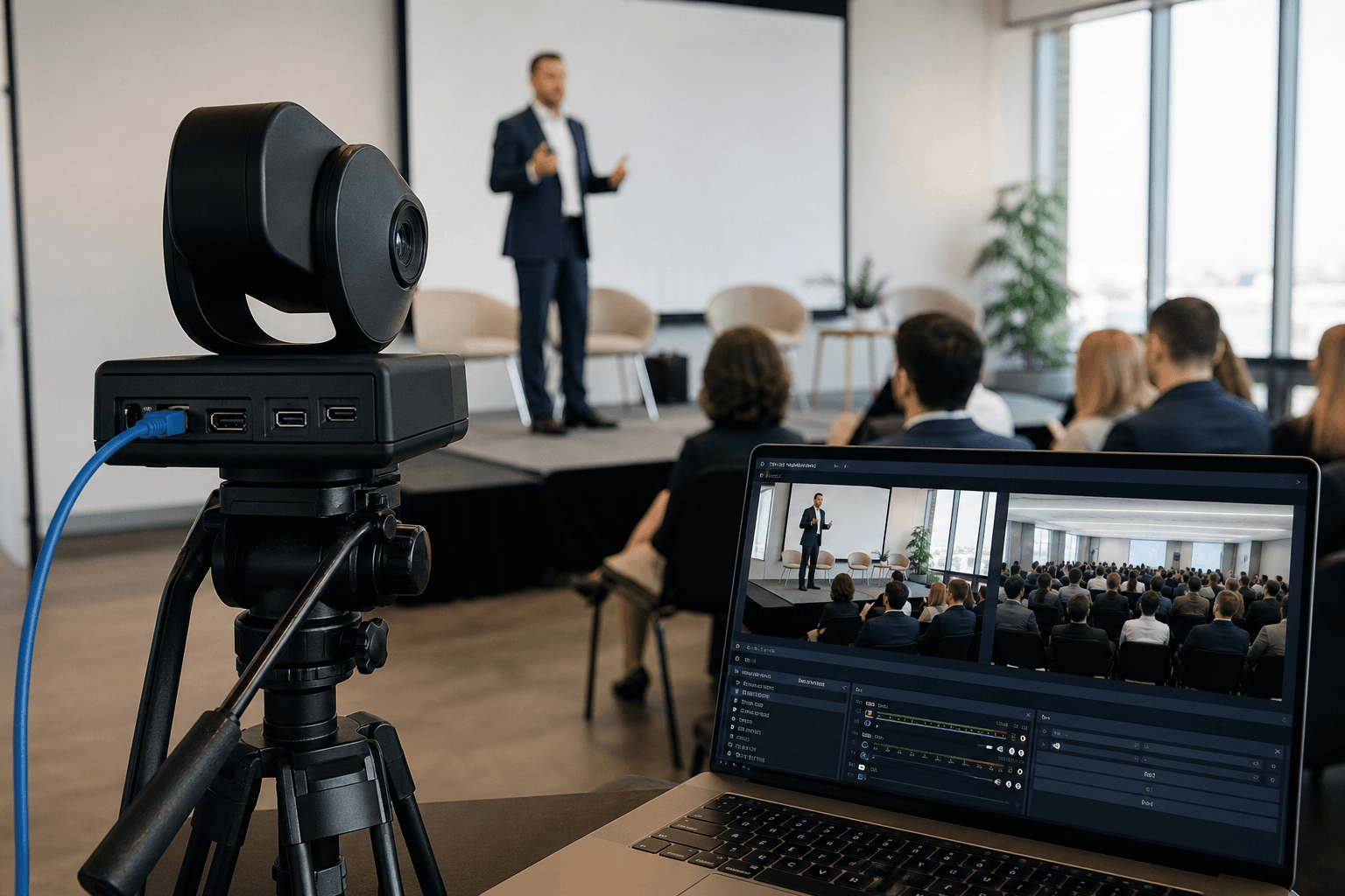 Camera on a tripod with a blue network cable plugged in, beside a laptop showing two camera previews, with a presenter speaking to a seated audience in the background