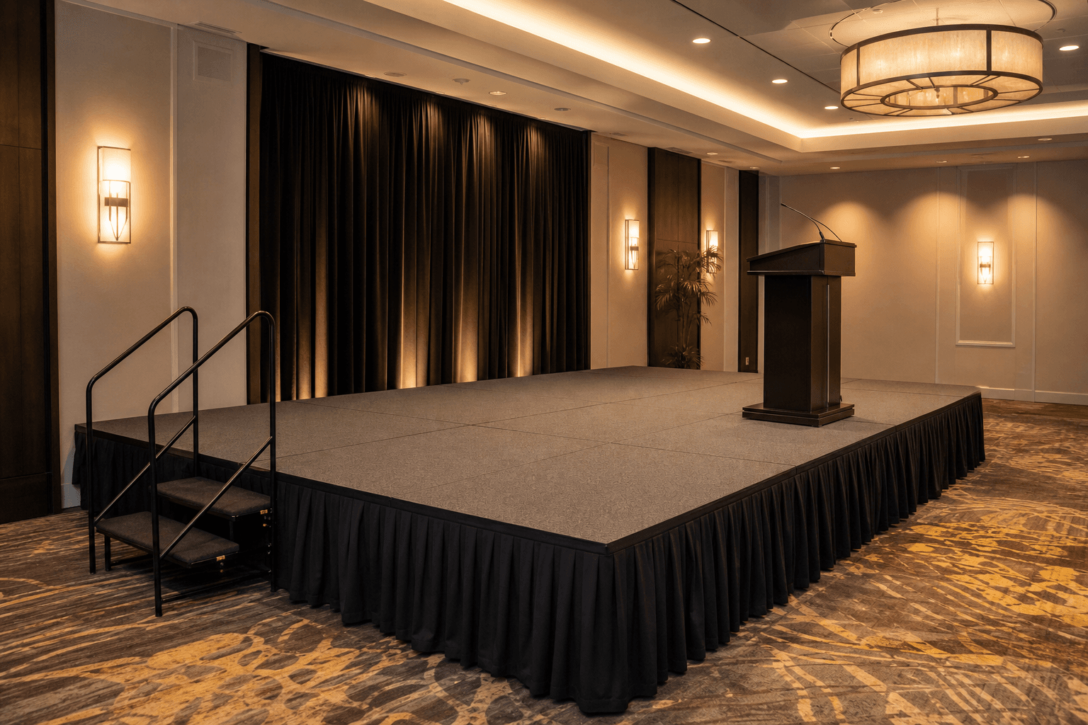 Low portable stage platform with black skirting and stairs in a hotel ballroom