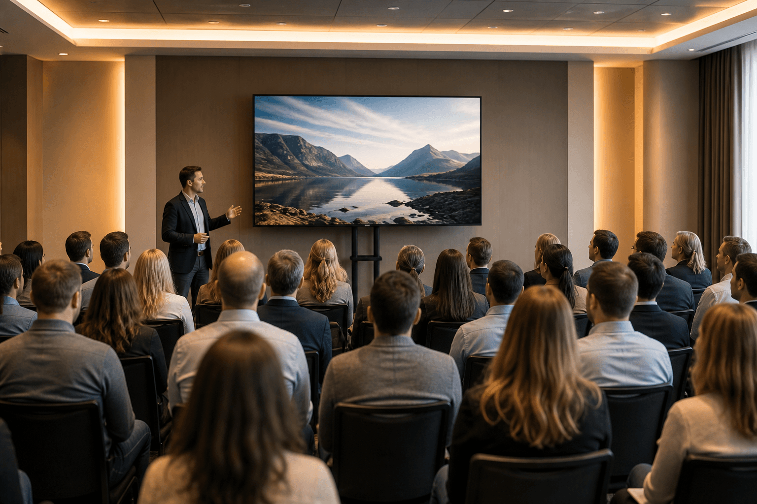 Large TV display sized for a corporate conference room audience